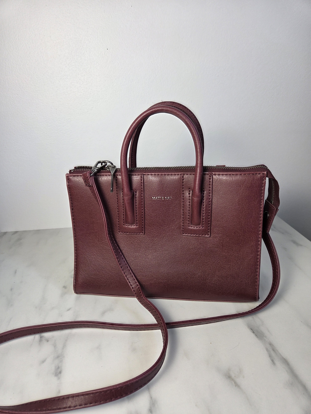 Matt & Nat Burgundy Satchel with Top Handles and Crossbody Strap